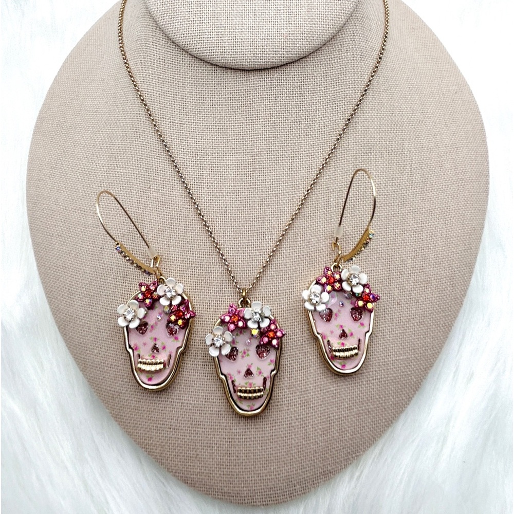 Betsey Johnson Pink Skull Pendant Necklace + Pink Skull Earrings